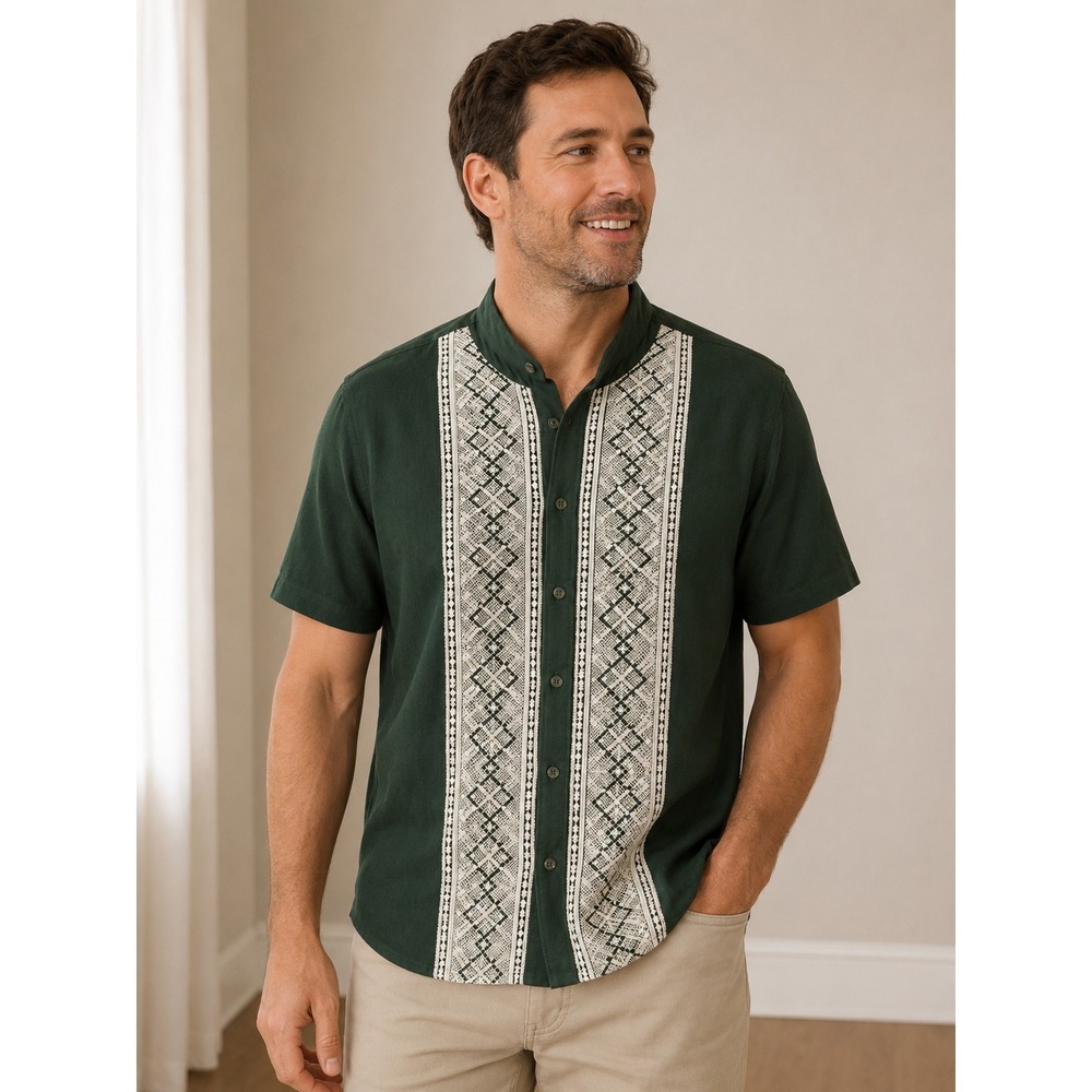 ALGODON Embroidered Camp Shirt Men's Medium Green Short Sleeve Button Front